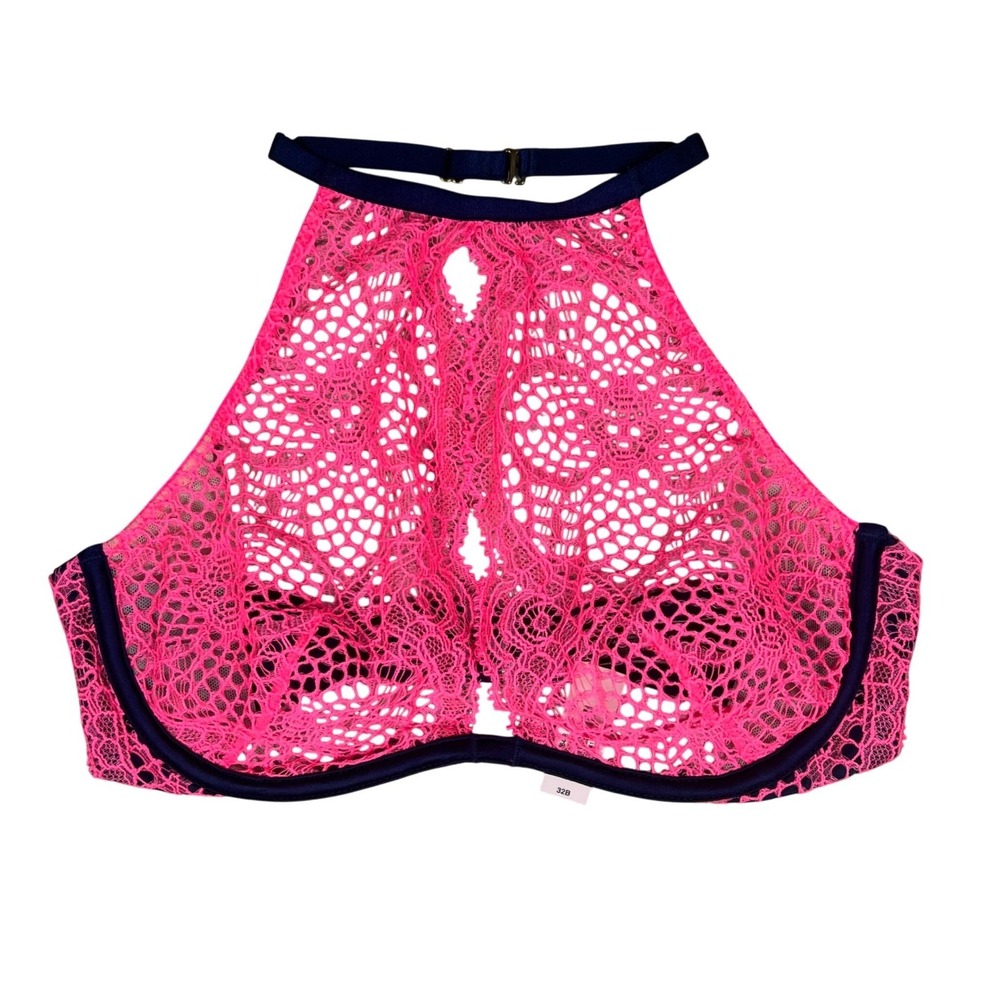 Victoria's Secret Lace High Neck Halter Bralette Neon Pink 32B Very Sexy NWT